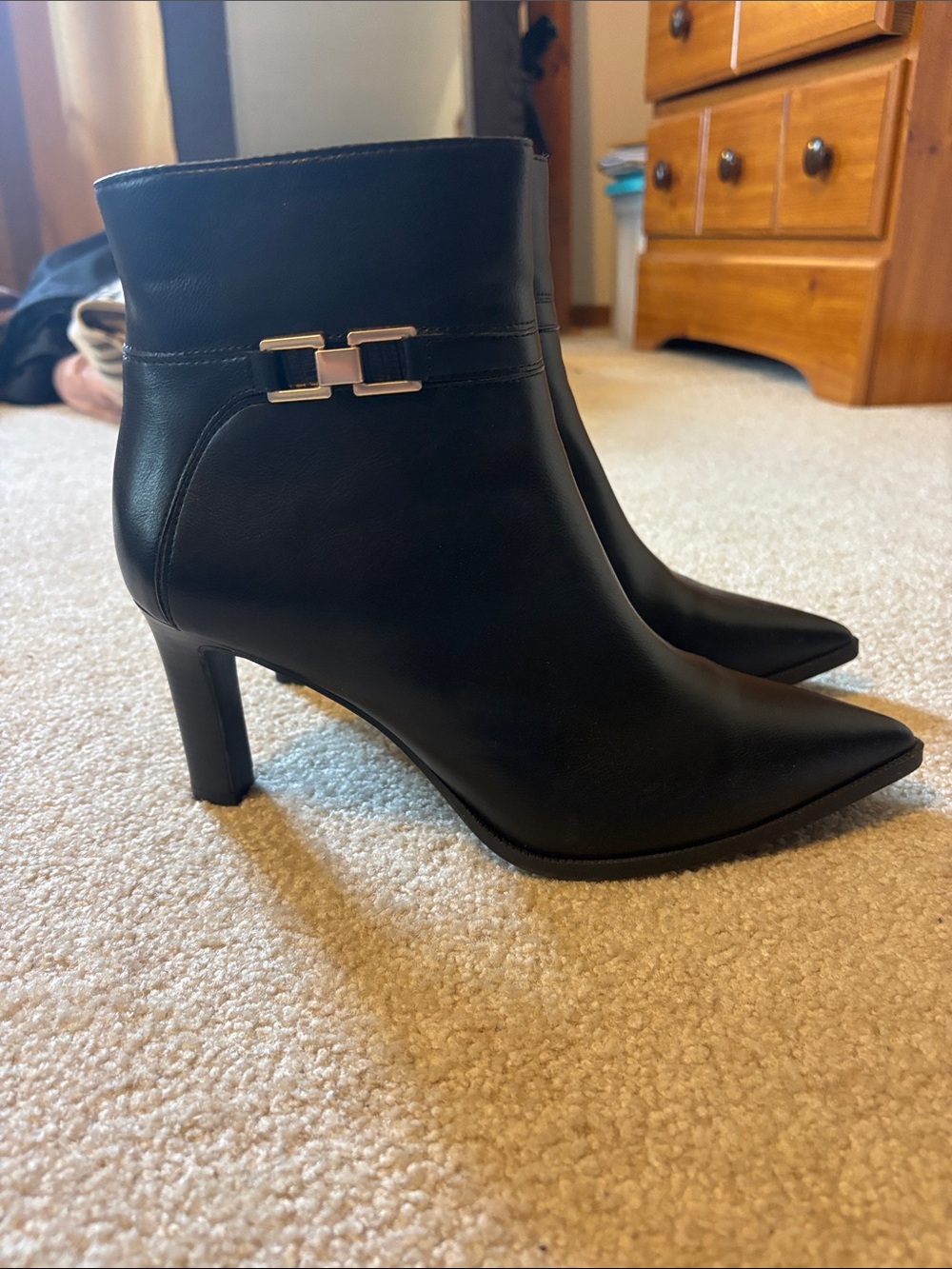 Michael Shannon Black Pointed Toe Ankle Heeled Boots with Metal Accent